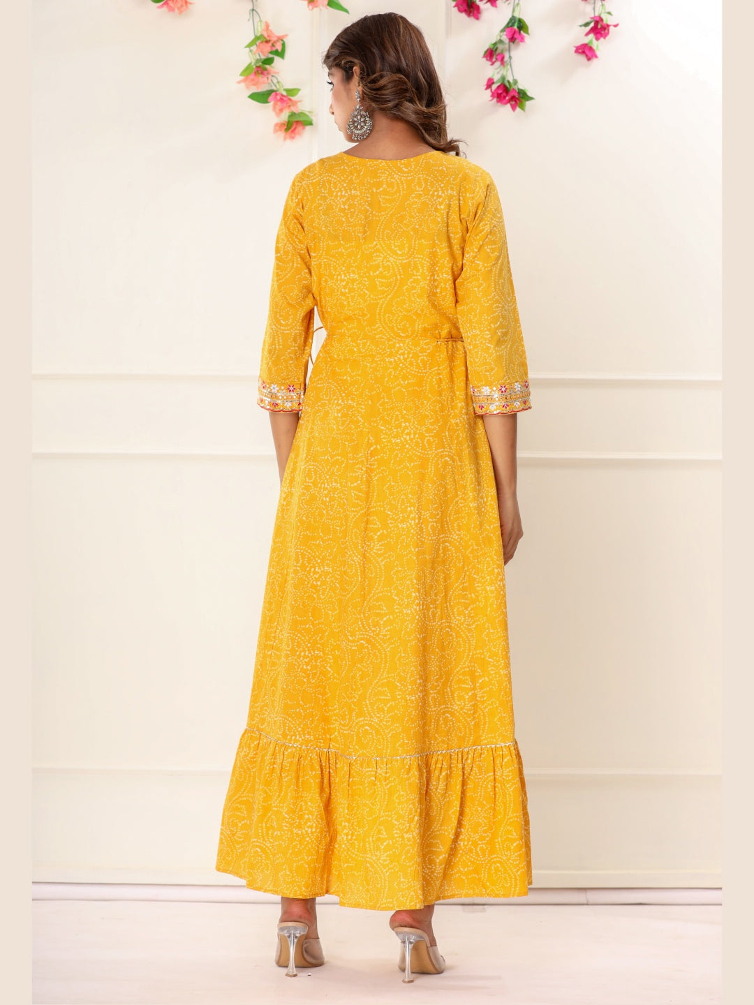 Bandhani Print Colorful Embroidered Anarkali Kurta Dress - Yellow
