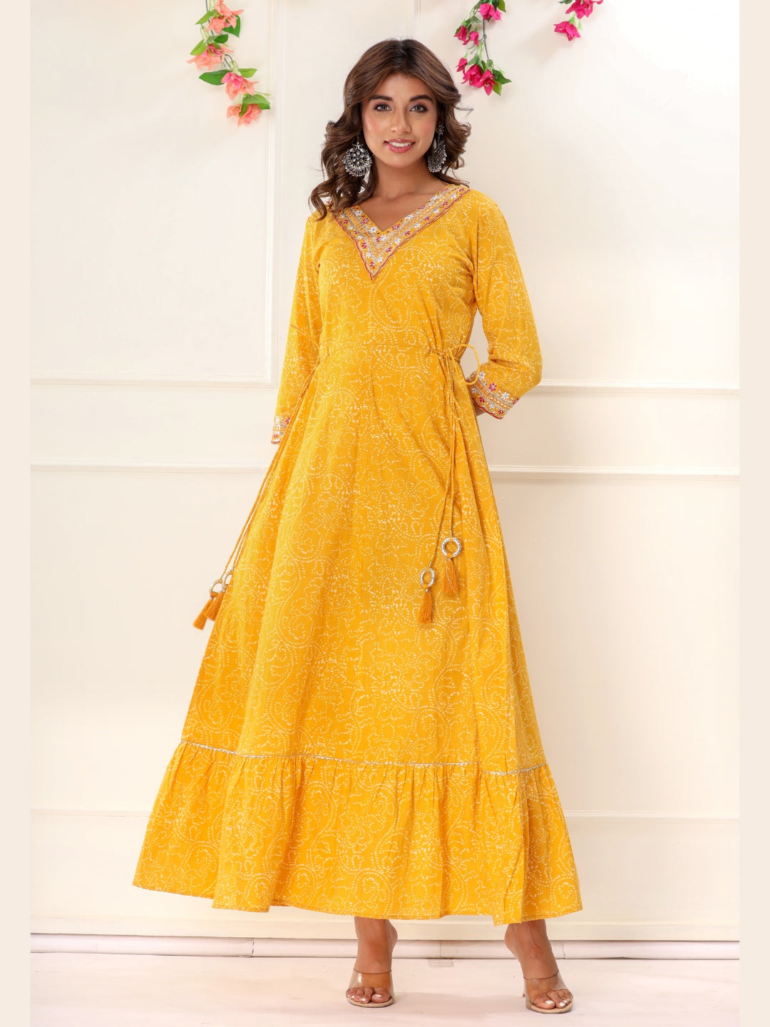 Bandhani Print Colorful Embroidered Anarkali Kurta Dress - Yellow