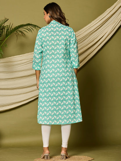 Cotton Printed A-line Collared Kurta - Cyan