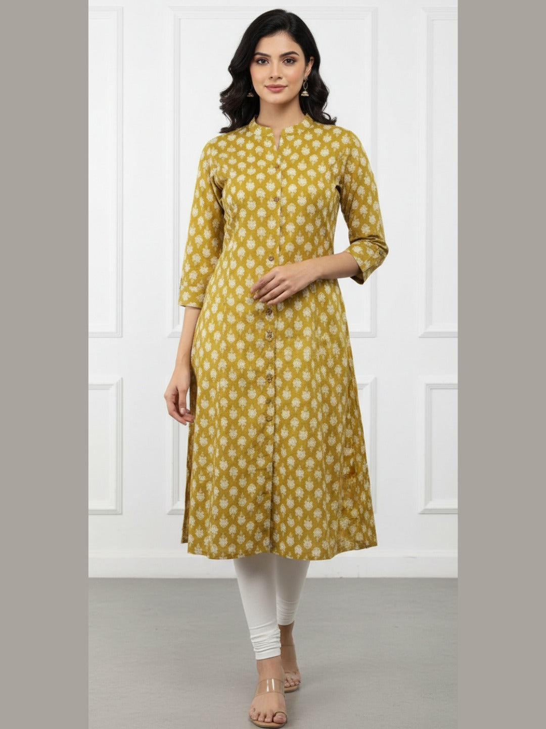 Mustard Vibe Classic Booti Print A-line Kurti