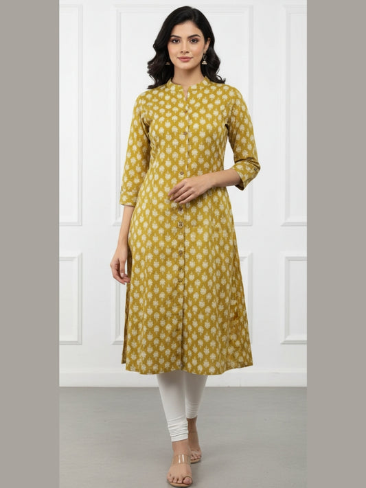 Mustard Vibe Classic Booti Print A-line Kurti