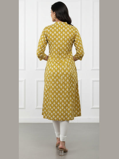 Mustard Vibe Classic Booti Print A-line Kurti