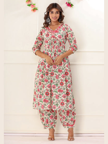 Floral Print Alia Cut Embroidered Kurta with Afghan Pants and Dupatta