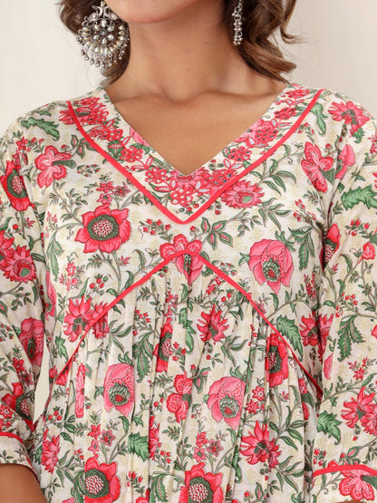 Floral Print Alia Cut Embroidered Kurta with Afghan Pants and Dupatta