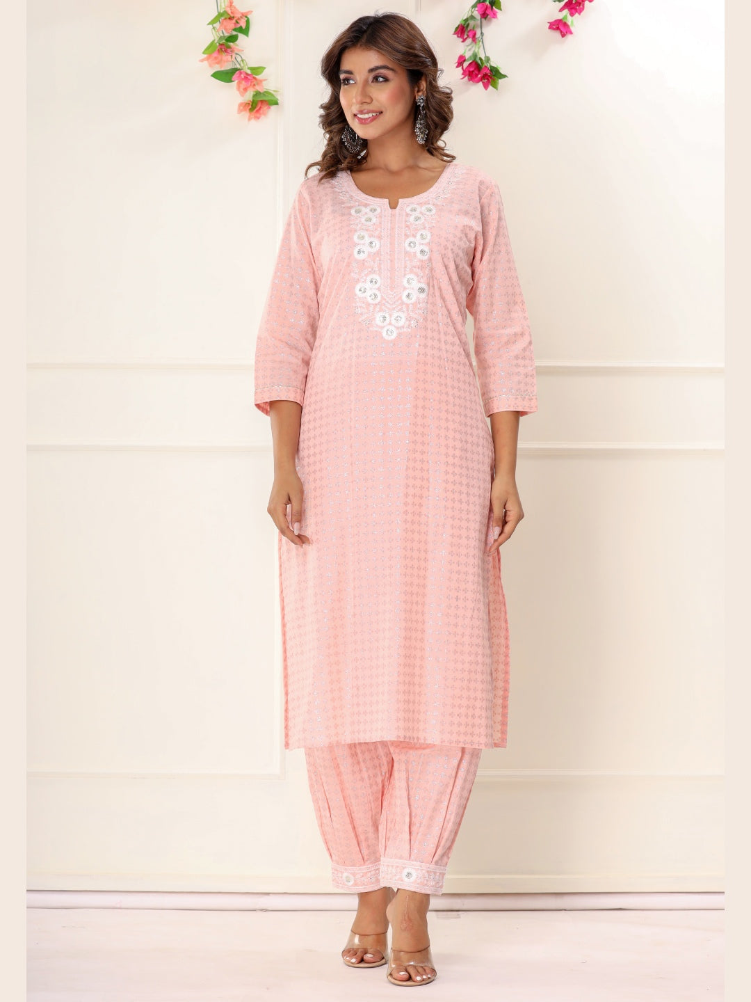Pure Cotton Embroidered Kurta with Afghan Pants Set - Pink