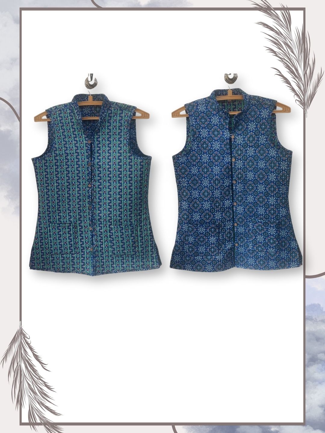 Quilted Pure Cotton Reversible Jacket - Sleeveless - Blue
