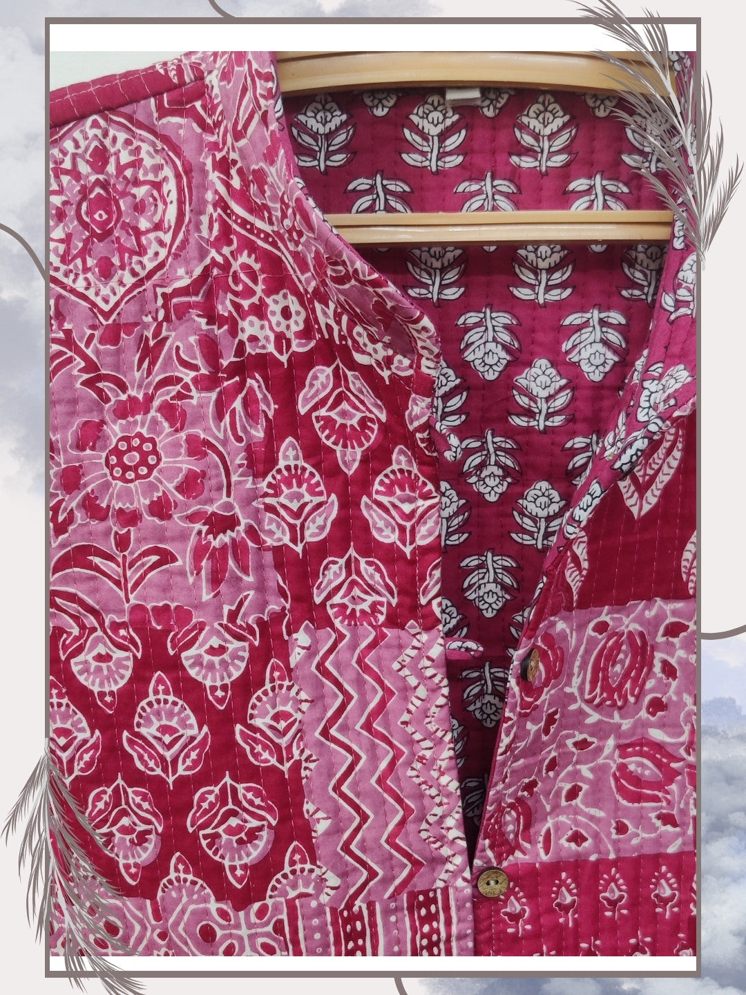 Quilted Pure Cotton Reversible Jacket - Sleeveless - Pink