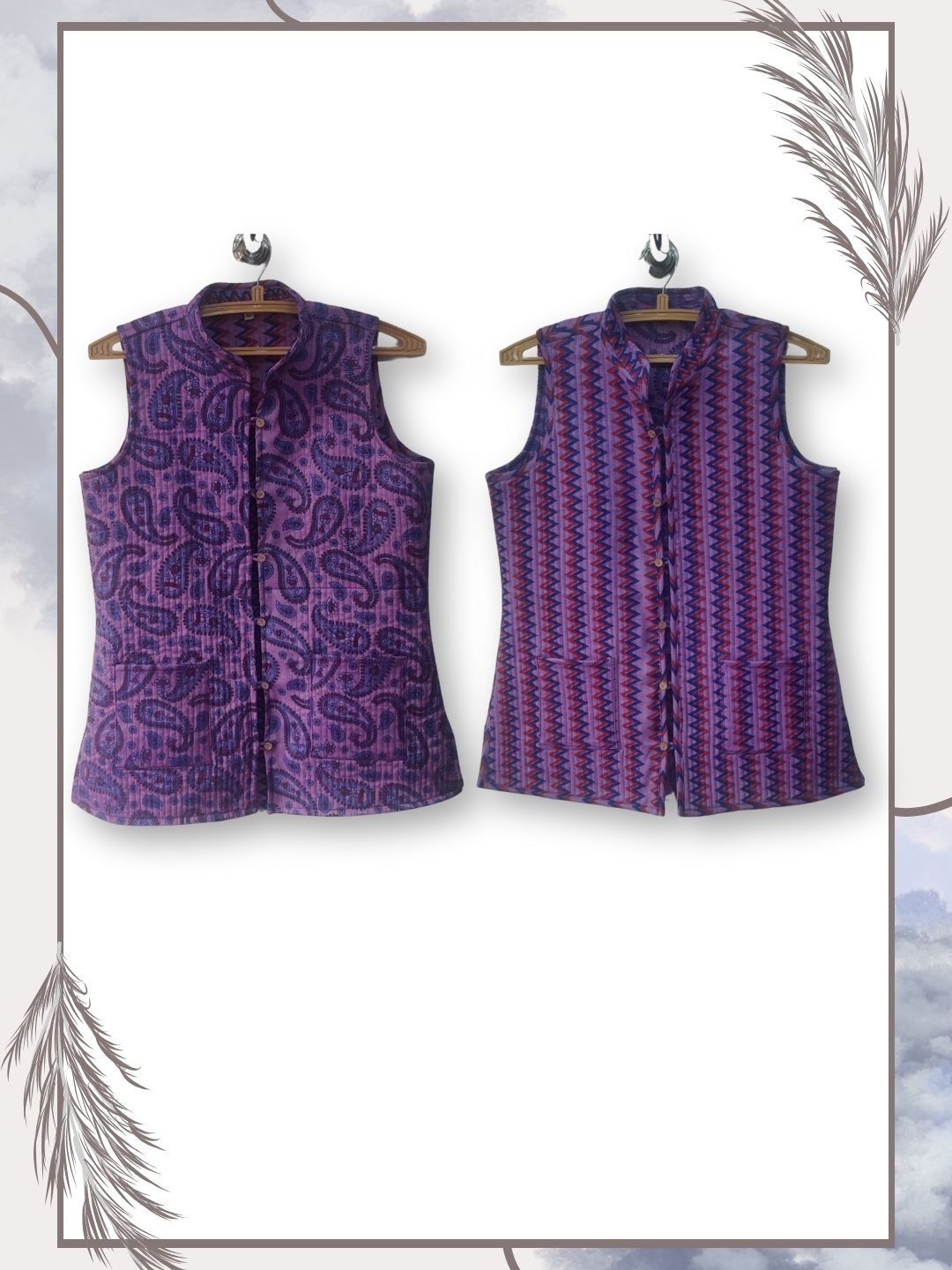 Quilted Pure Cotton Reversible Jacket - Sleeveless - Purple