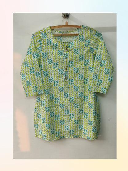 Cotton Printed Hip Length Top - Green Booti