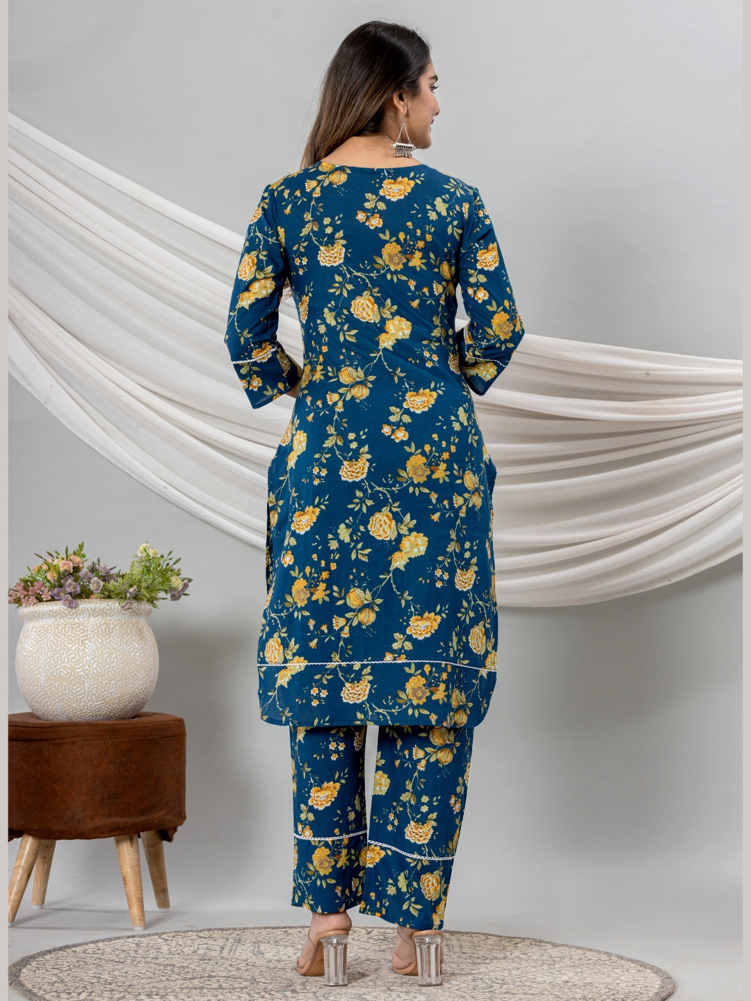 Pure Cotton Floral Printed Kurta Trouser Co-Ord Sets - Blue
