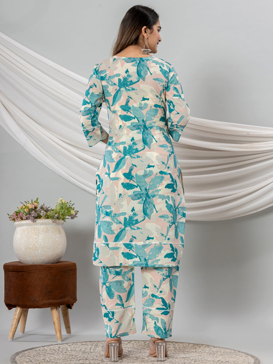 Pure Cotton Floral Printed Kurta Trouser Co-Ord Sets - Cyan