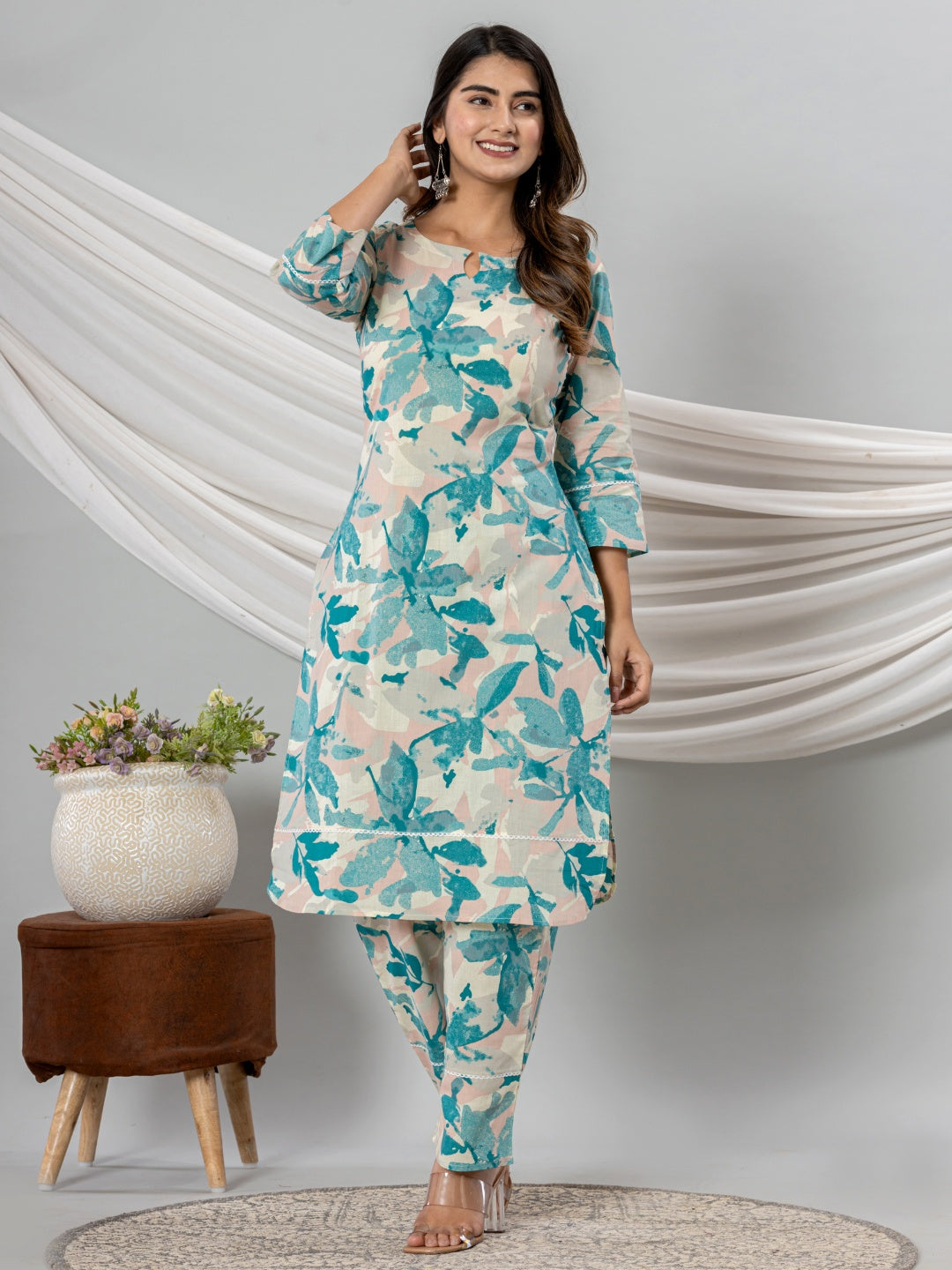 Pure Cotton Floral Printed Kurta Trouser Co-Ord Sets - Cyan