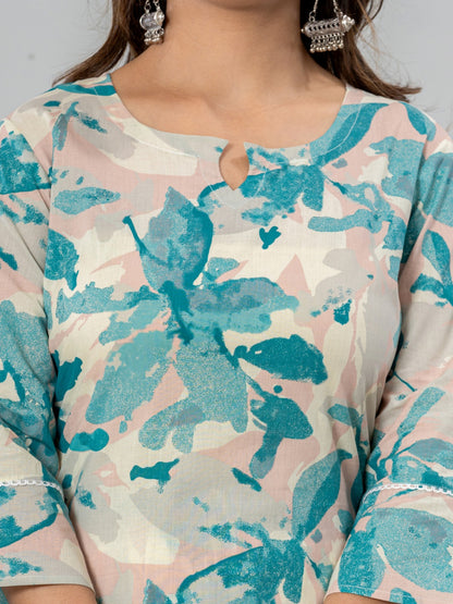 Pure Cotton Floral Printed Kurta Trouser Co-Ord Sets - Cyan