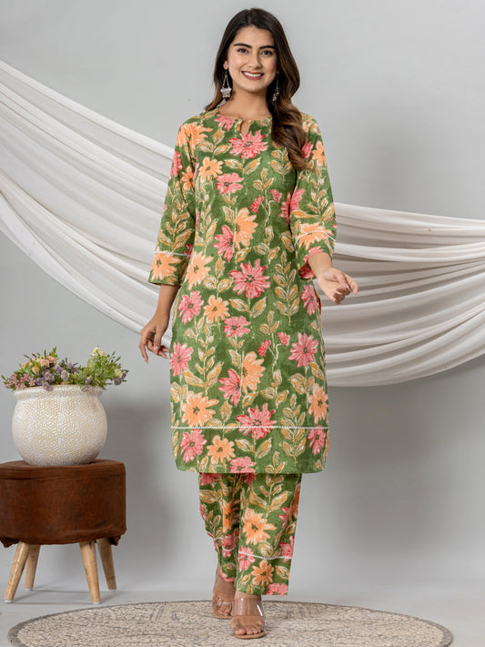 Pure Cotton Floral Printed Kurta Trouser Co-Ord Sets - Green