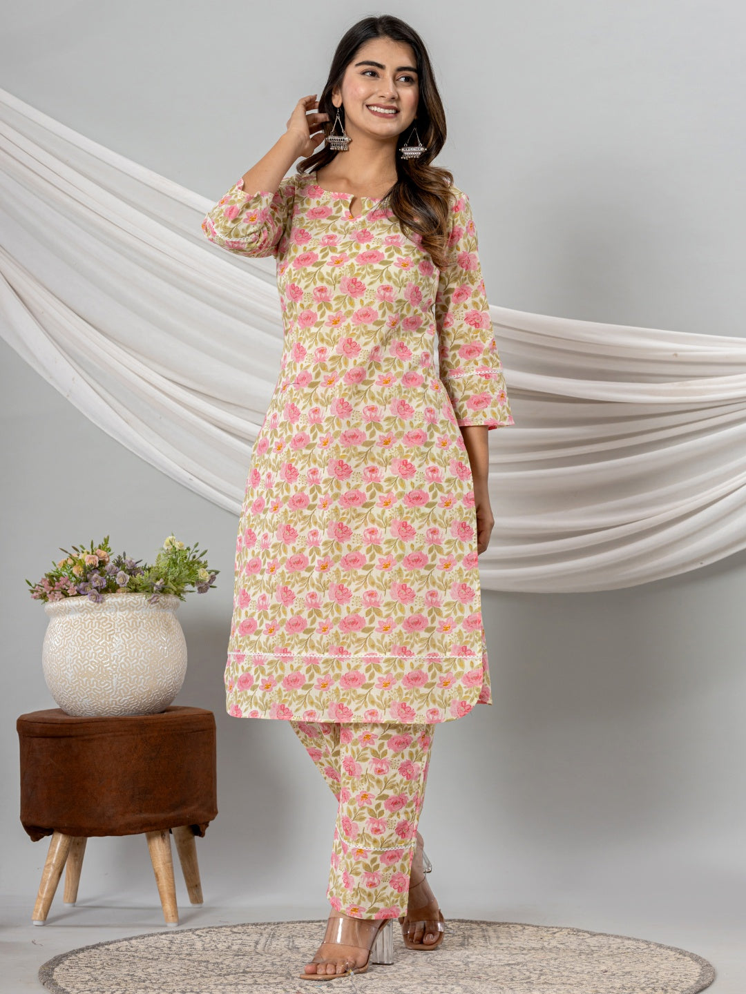 Pure Cotton Floral Printed Kurta Trouser Co-Ord Sets - Pink