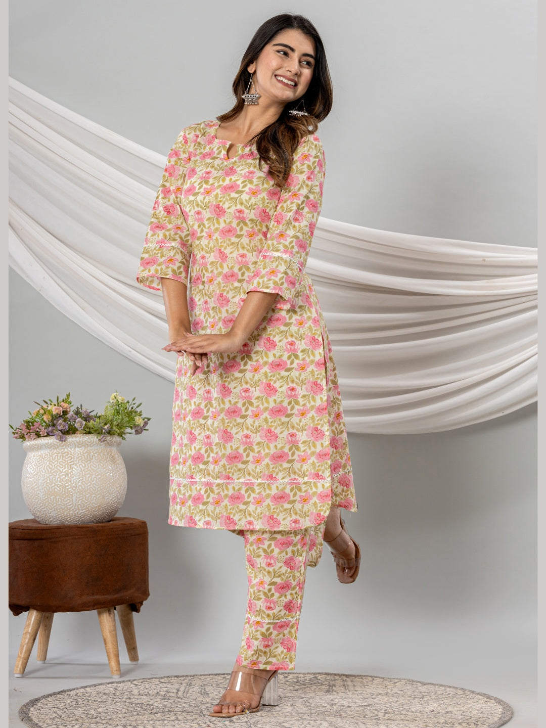 Pure Cotton Floral Printed Kurta Trouser Co-Ord Sets - Pink