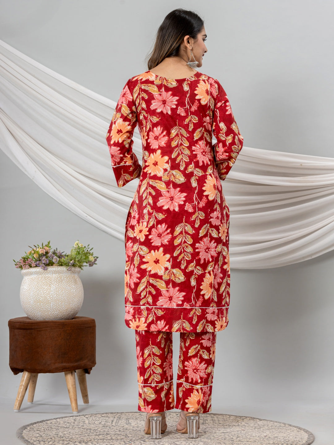 Pure Cotton Floral Printed Kurta Trouser Co-Ord Sets - Red