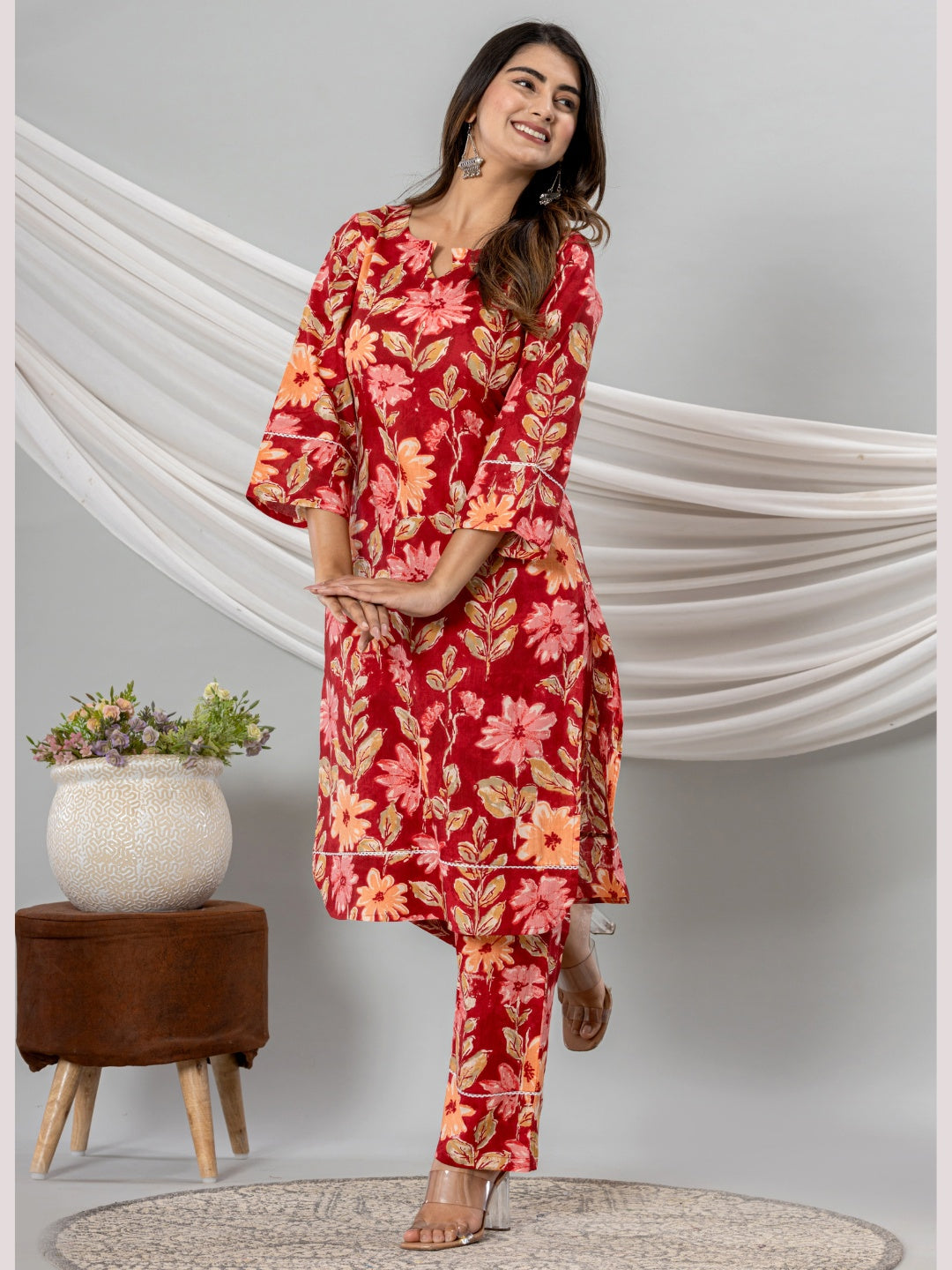 Pure Cotton Floral Printed Kurta Trouser Co-Ord Sets - Red