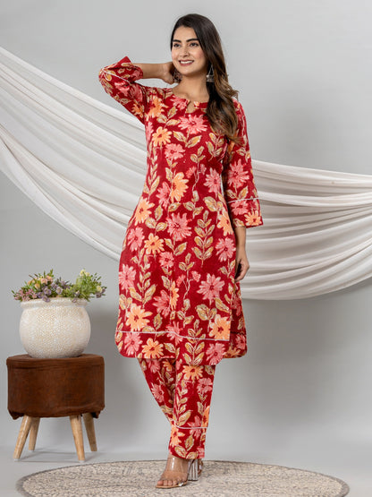 Pure Cotton Floral Printed Kurta Trouser Co-Ord Sets - Red