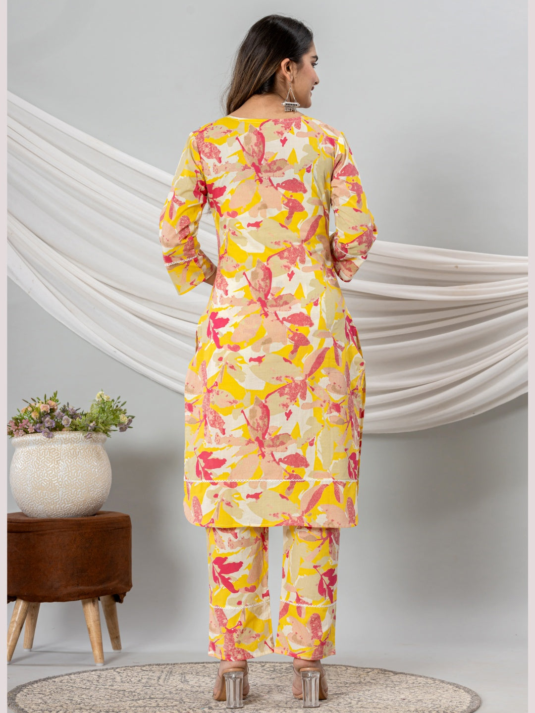 Pure Cotton Floral Printed Kurta Trouser Co-Ord Sets - Yellow