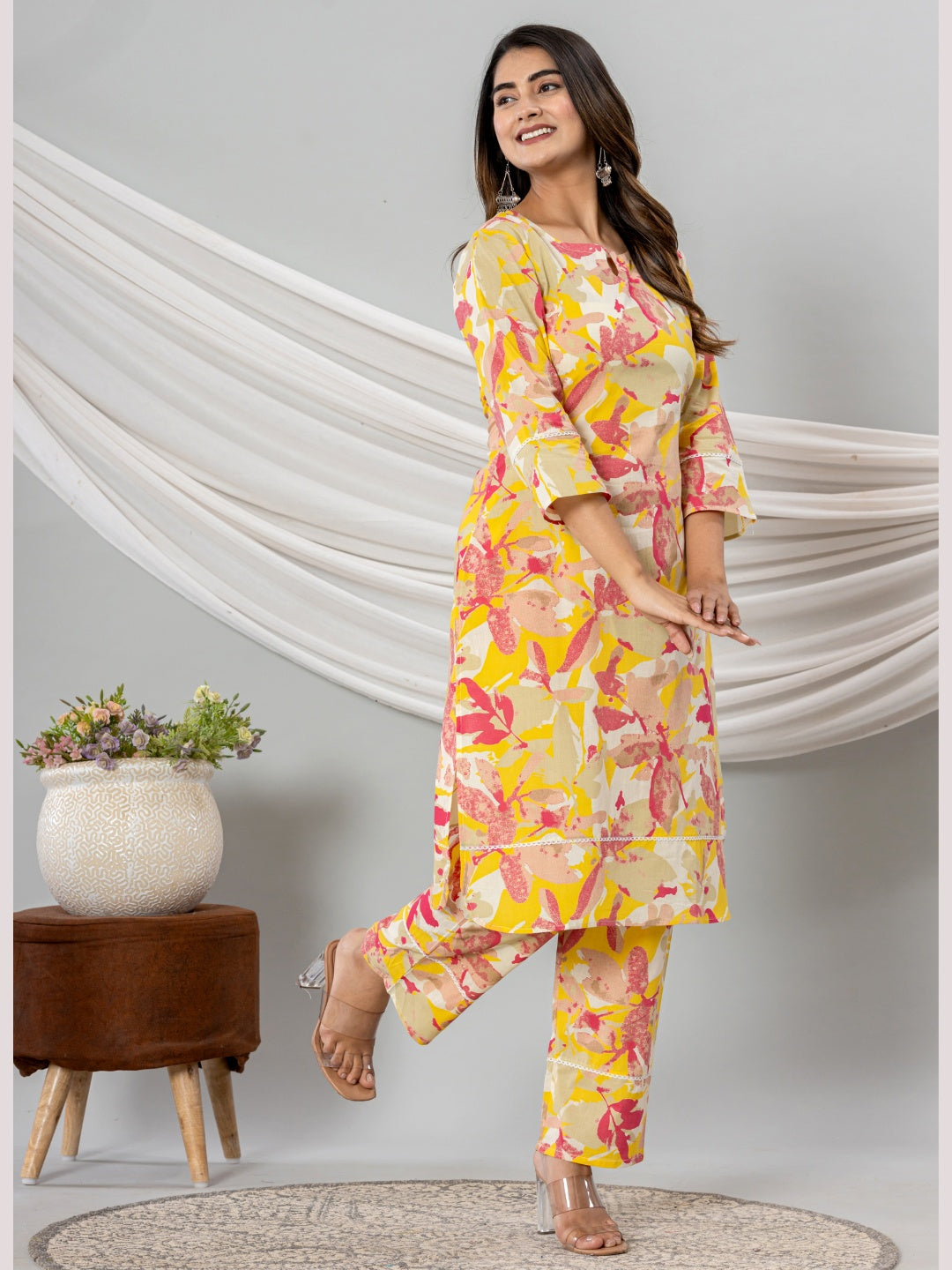 Pure Cotton Floral Printed Kurta Trouser Co-Ord Sets - Yellow