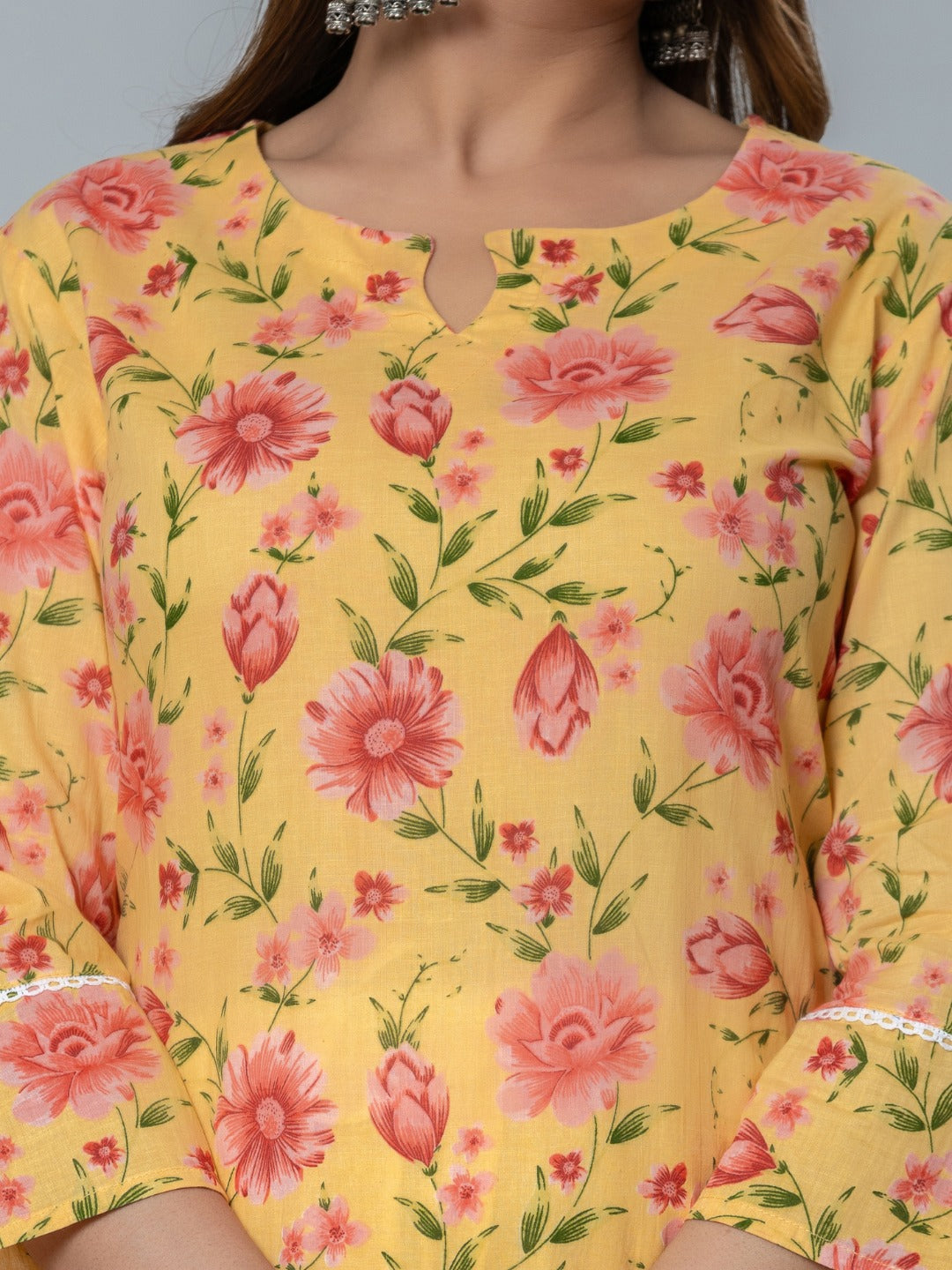 Pure Cotton Floral Print Keyhole Neck Kurta - Yellow