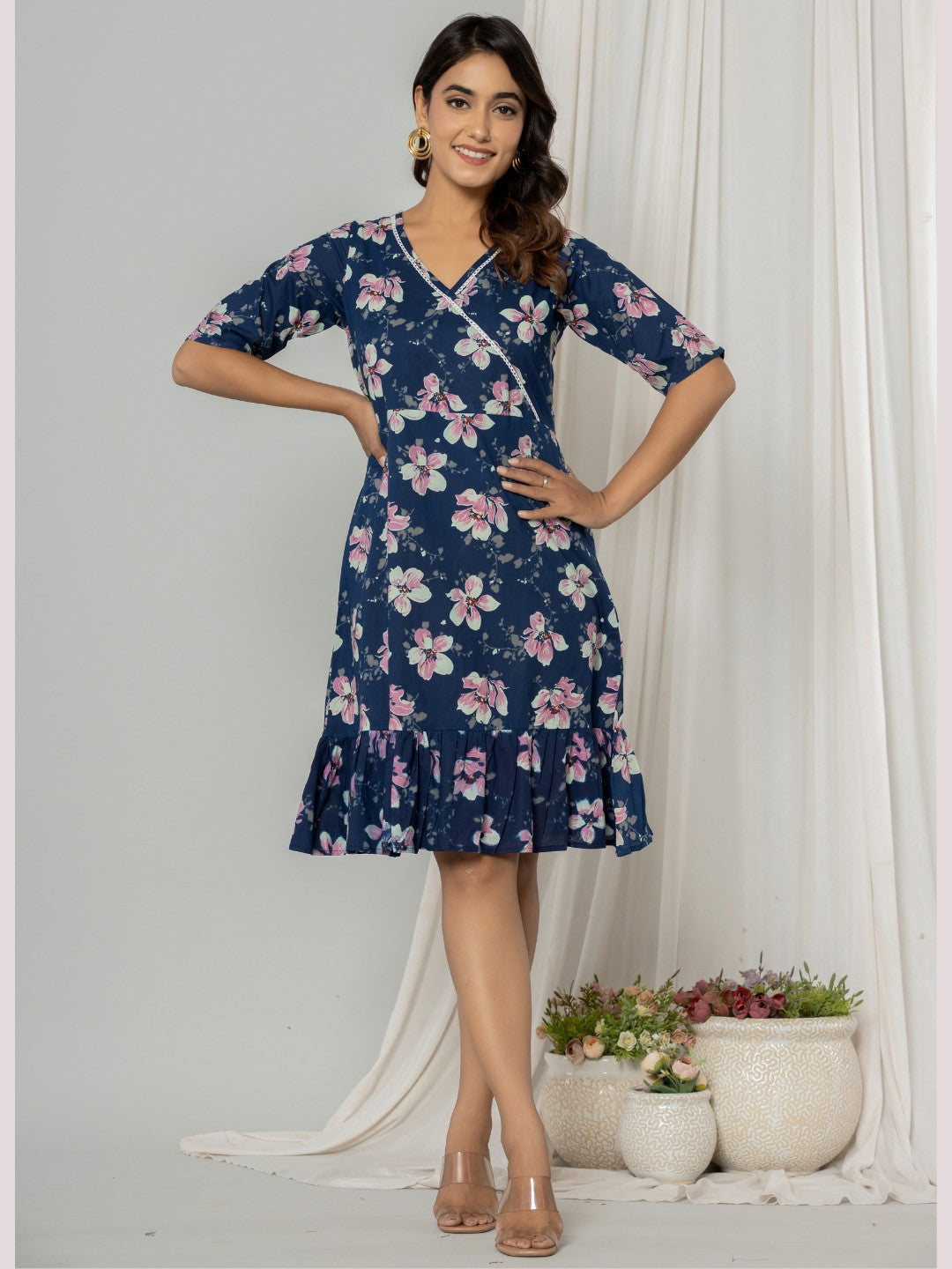 Floral Print Fit & Flare Pure Cotton Ruffled Dress - Blue