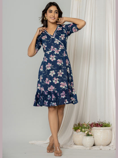 Floral Print Fit & Flare Pure Cotton Ruffled Dress - Blue