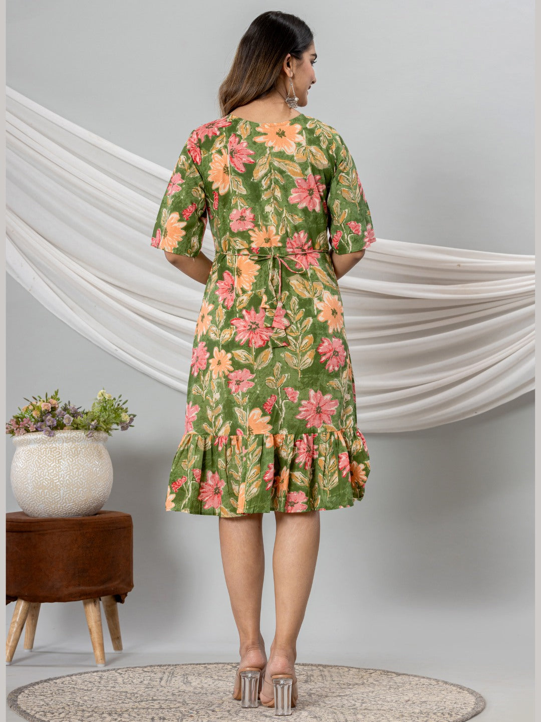 Floral Print Fit & Flare Pure Cotton Ruffled Dress - Green