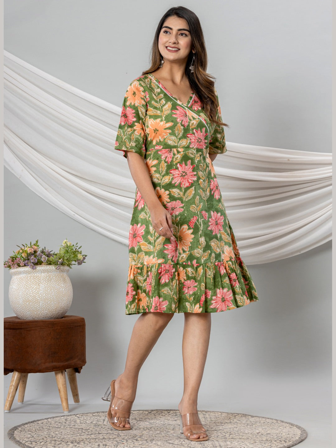 Floral Print Fit & Flare Pure Cotton Ruffled Dress - Green