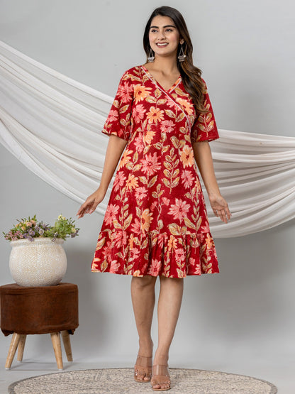 Floral Print Fit & Flare Pure Cotton Ruffled Dress - Red