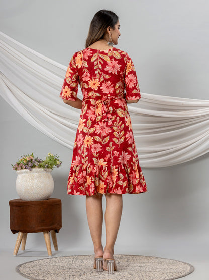 Floral Print Fit & Flare Pure Cotton Ruffled Dress - Red