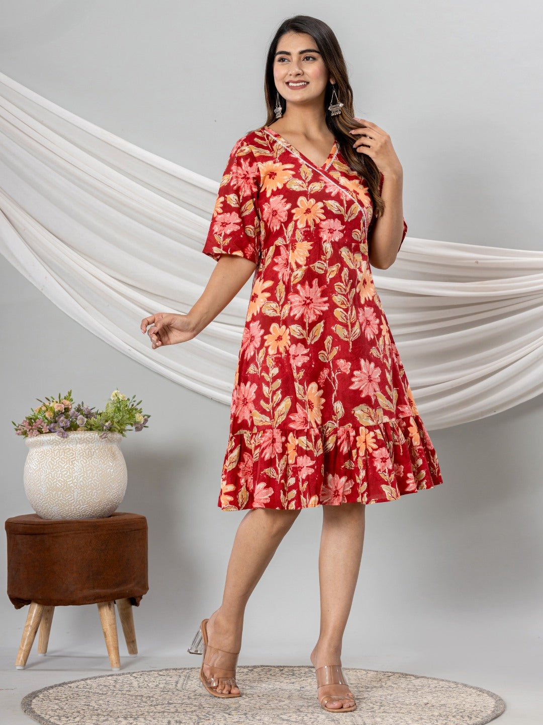 Floral Print Fit & Flare Pure Cotton Ruffled Dress - Red