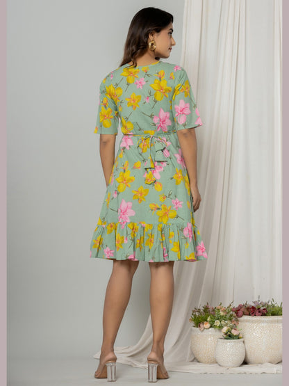 Floral Print Fit & Flare Pure Cotton Ruffled Dress - Sea Green