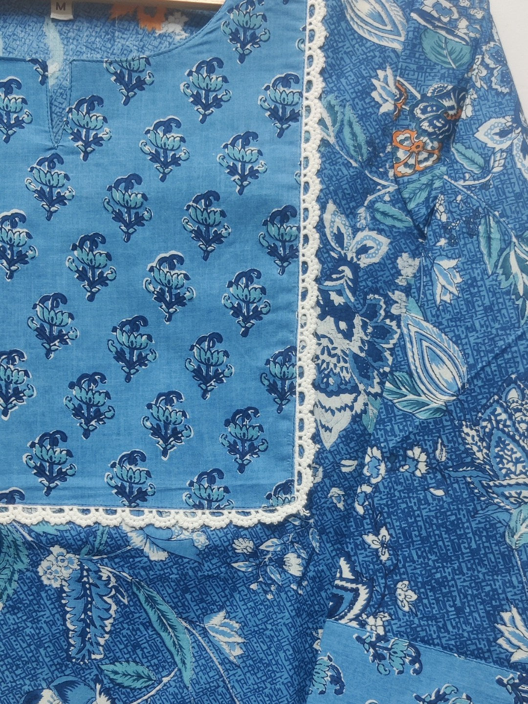 Floral Printed Lace Yoke Straight Kurta - Blue