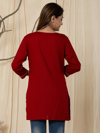 Solid Embroidered Placket Top - Maroon