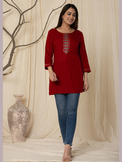 Solid Embroidered Placket Top - Maroon