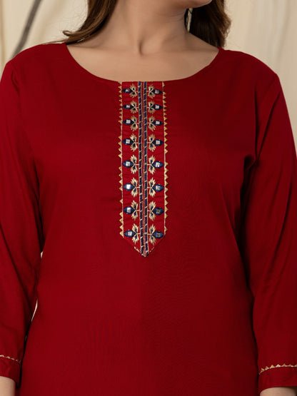 Solid Embroidered Placket Top - Maroon