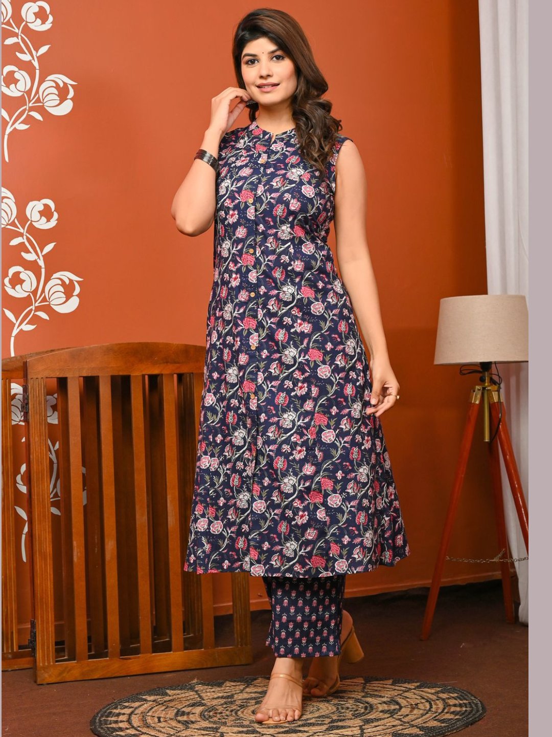 Cotton Printed Sleeveless A-line Kurta with Pants Set - Blue