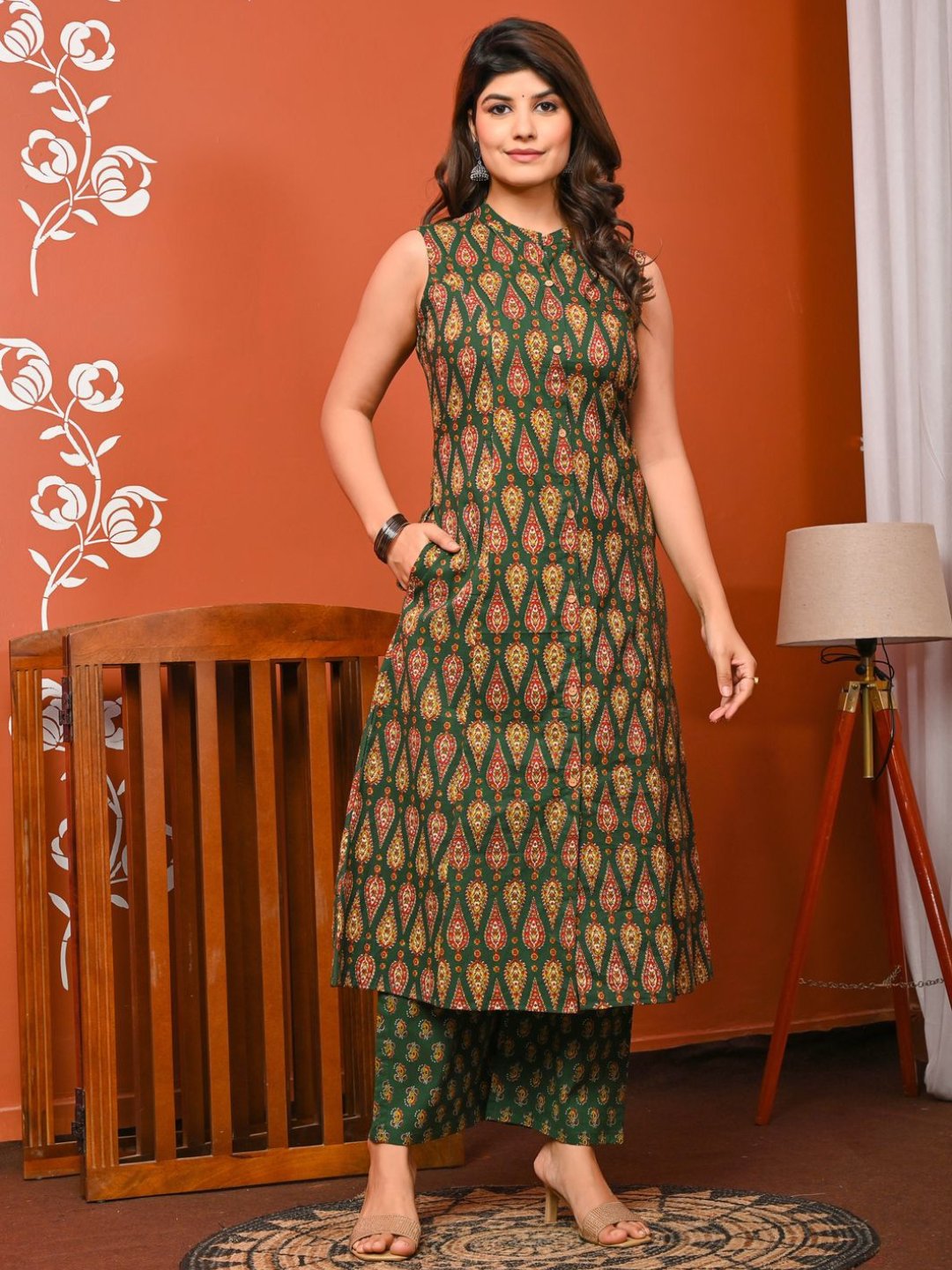 Cotton Printed Sleeveless A-line Kurta with Pants Set - Green