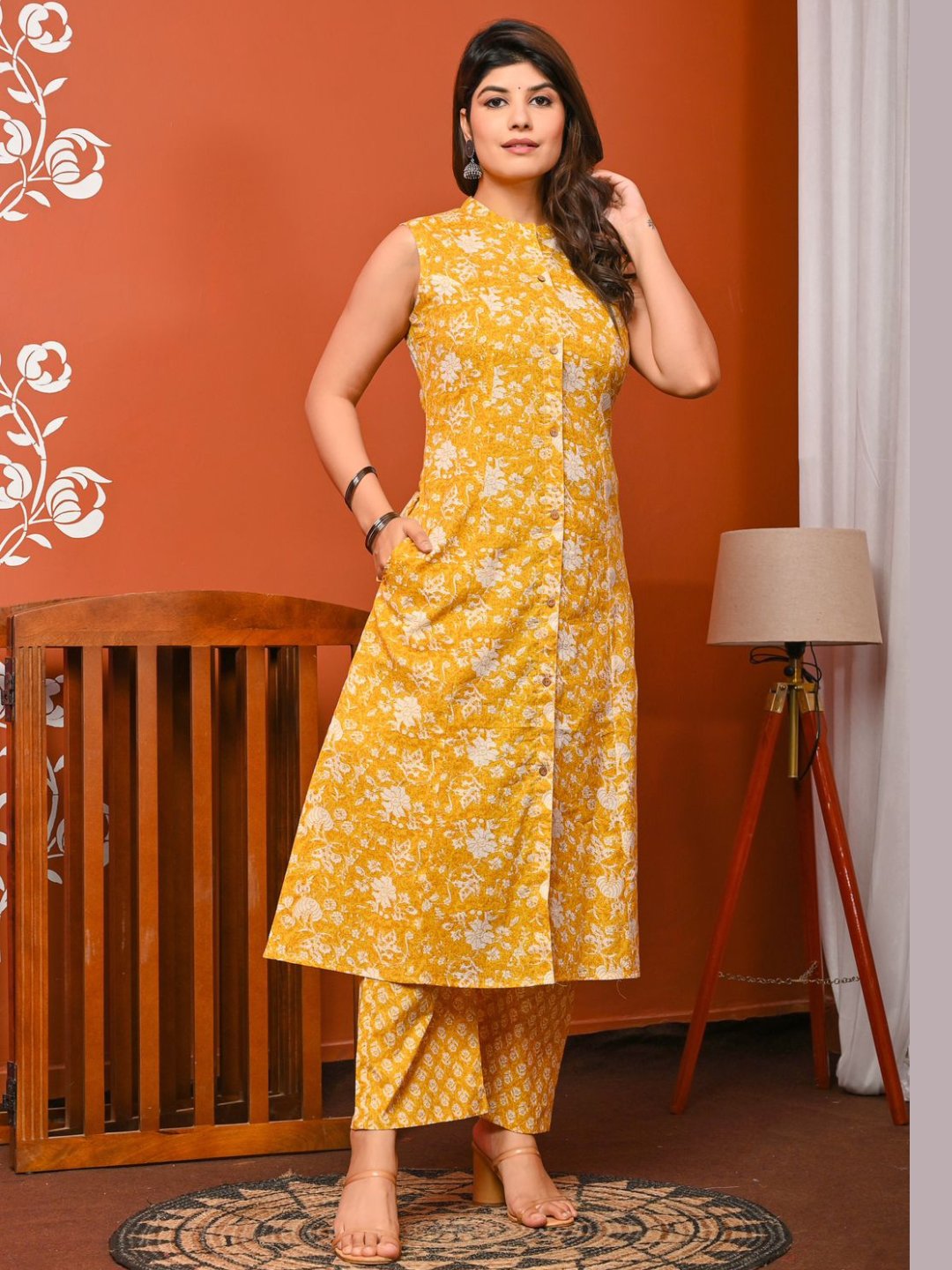 Cotton Printed Sleeveless A-line Kurta with Pants Set - Yellow