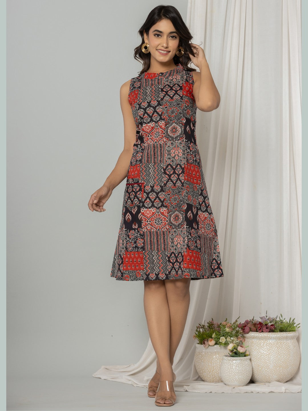 Ethnic Patch Print Halter Neck A-line Dress