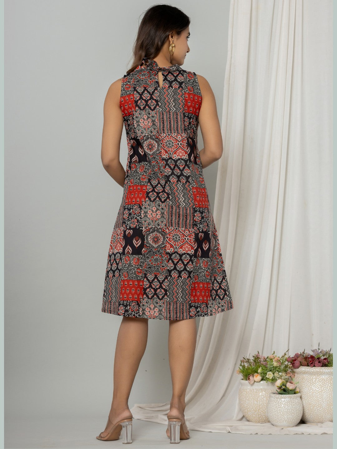 Ethnic Patch Print Halter Neck A-line Dress