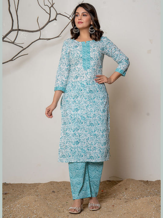 Cotton Printed Floral Print Combination Kurta with Pants Set - Cyan