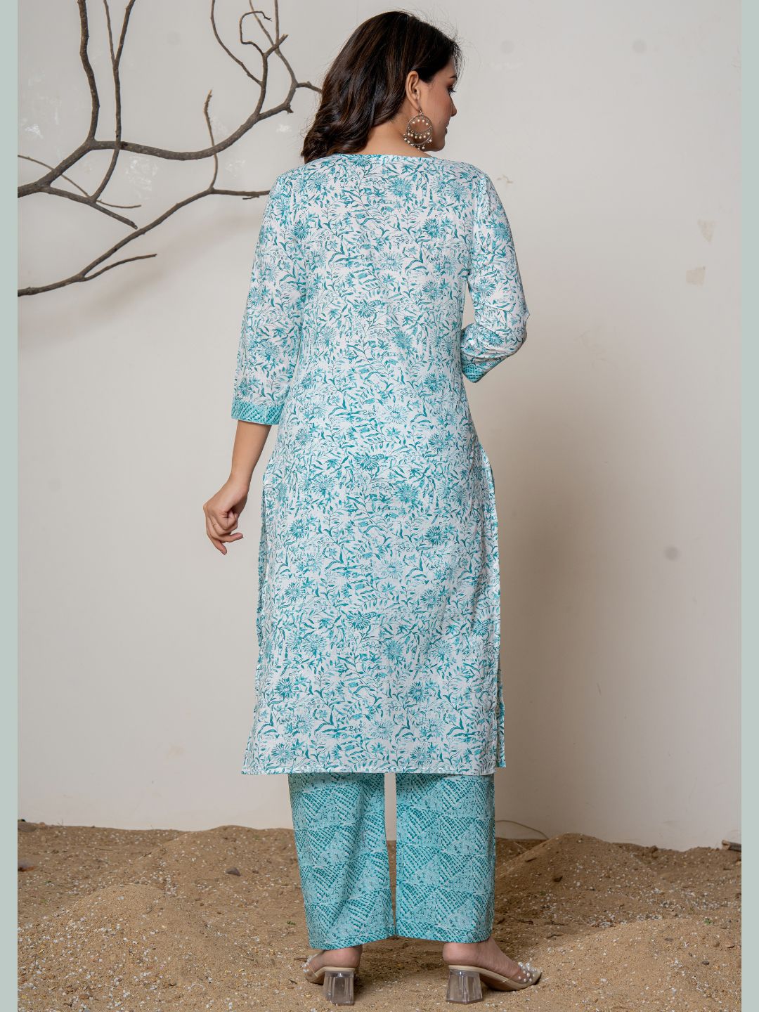 Cotton Printed Floral Print Combination Kurta with Pants Set - Cyan