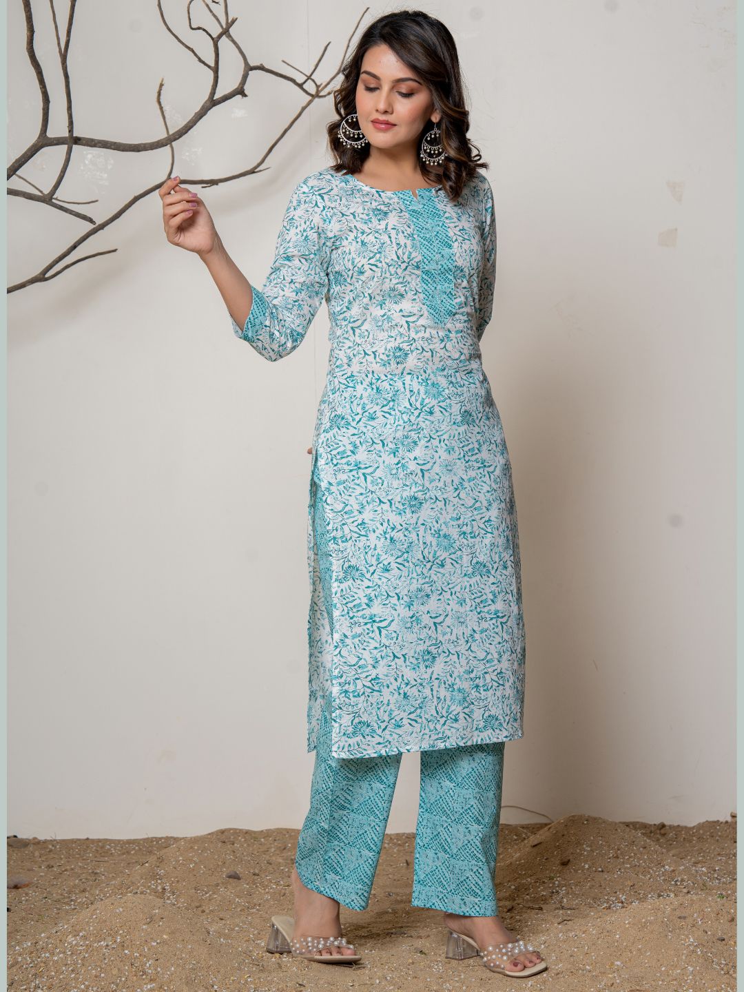 Cotton Printed Floral Print Combination Kurta with Pants Set - Cyan