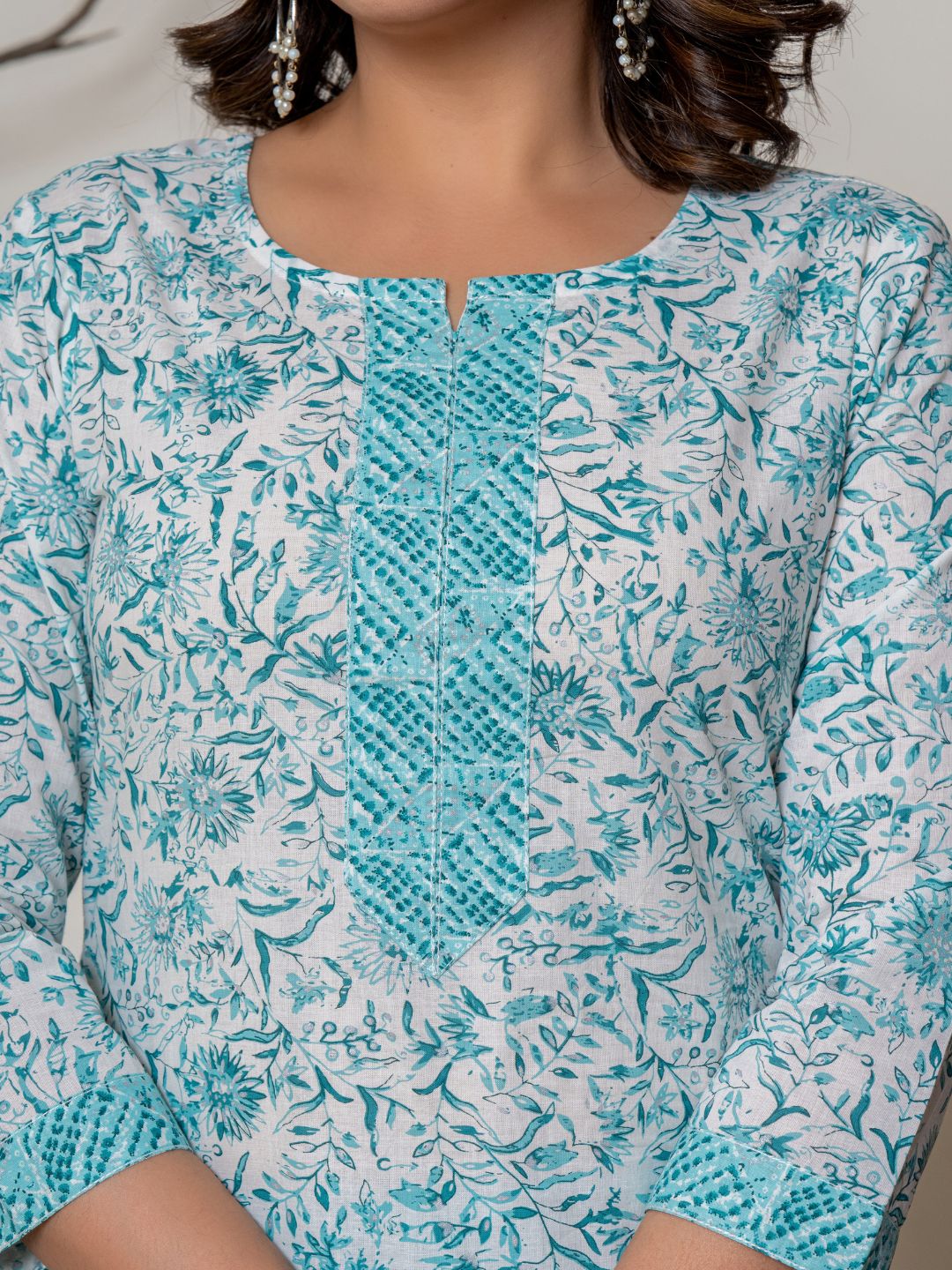 Cotton Printed Floral Print Combination Kurta with Pants Set - Cyan