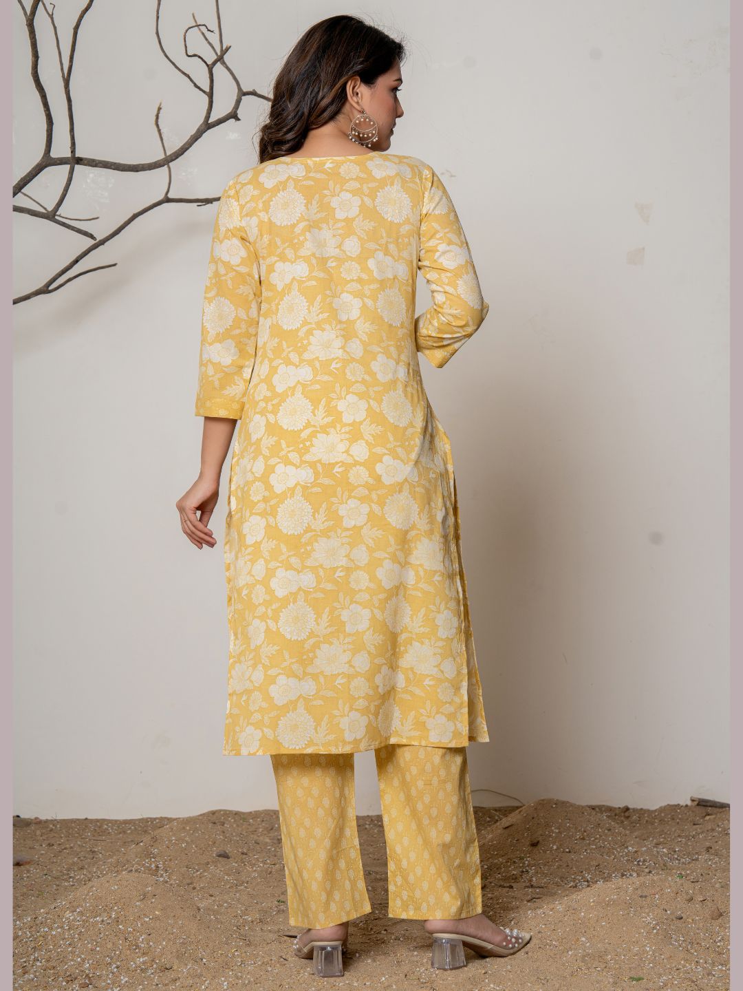 Cotton Printed Floral Print Combination Kurta with Pants Set - Gold