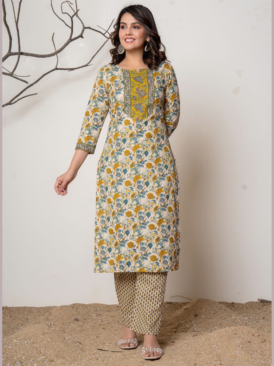 Cotton Printed Floral Print Combination Kurta with Pants Set - Mustard