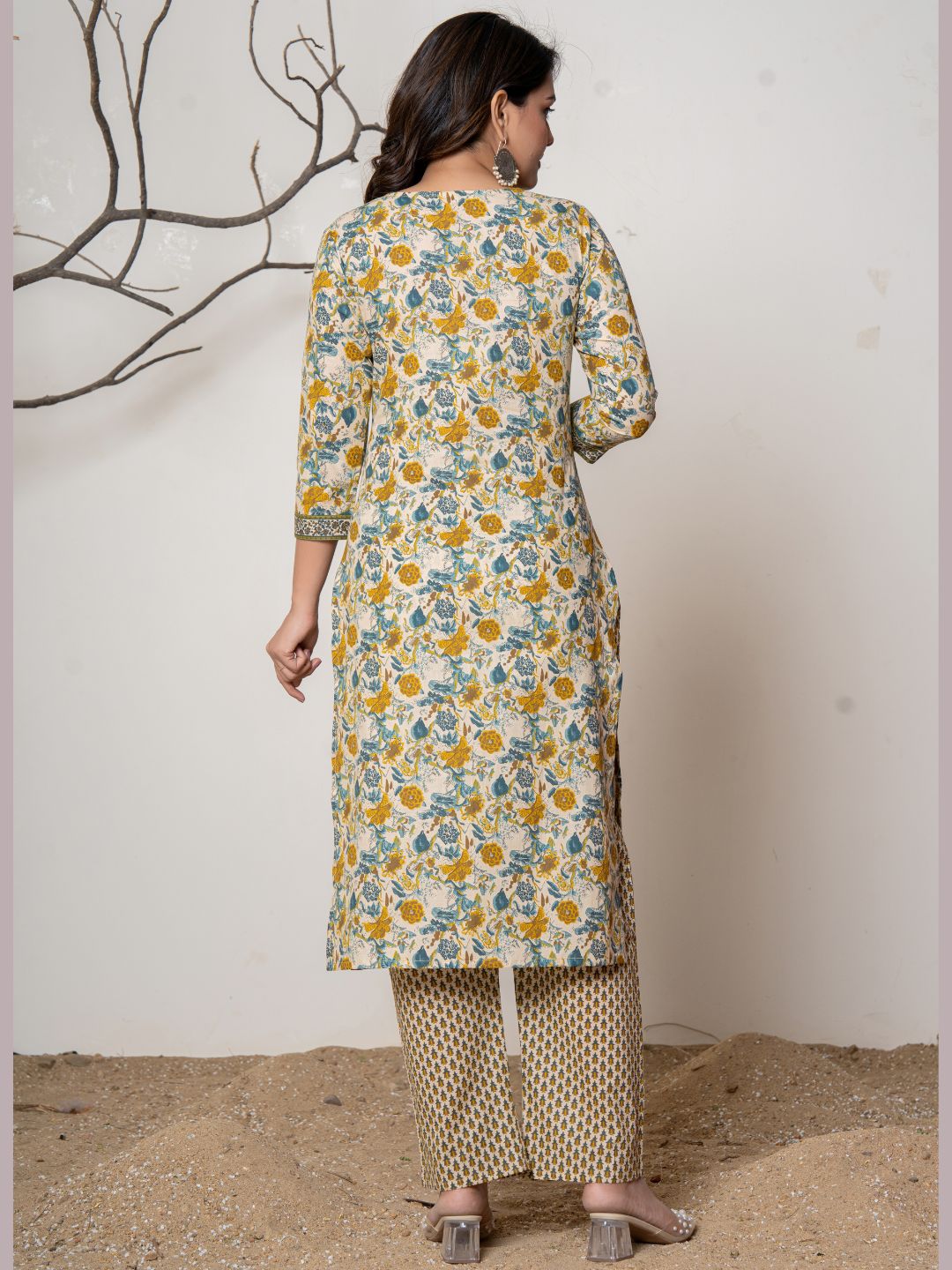 Cotton Printed Floral Print Combination Kurta with Pants Set - Mustard